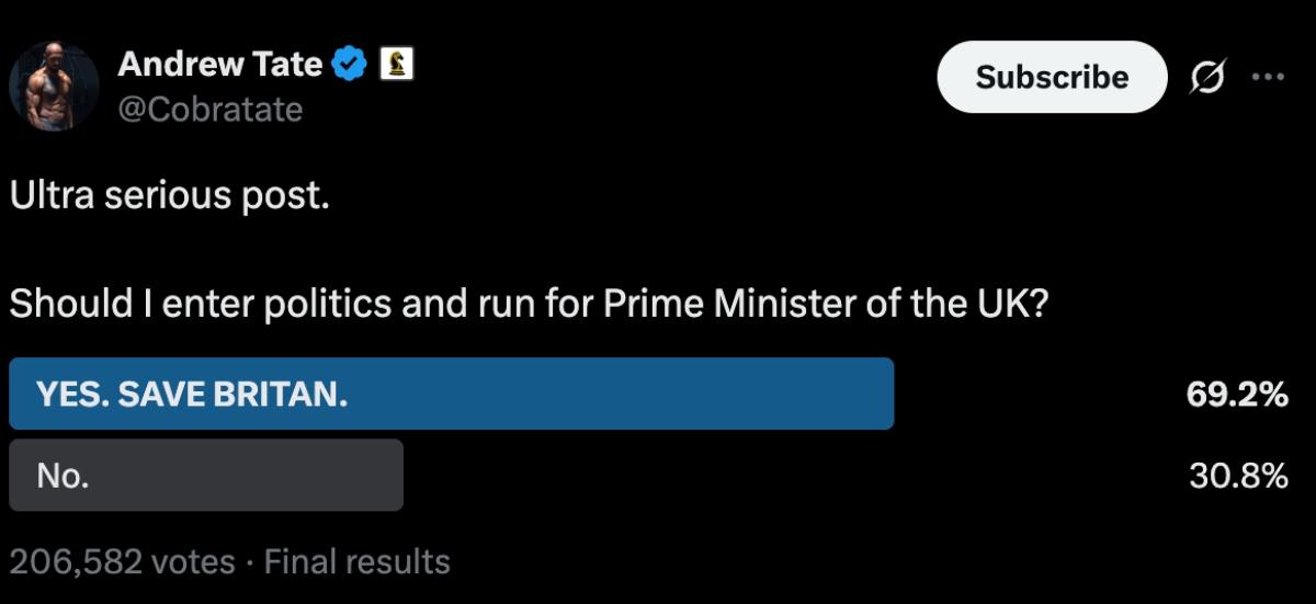 Post to X from Andrew Tate about becoming Prime Minister of the United Kingdom