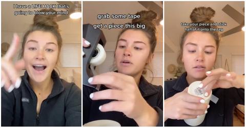 Woman shares sticker removal tag on tumbler.