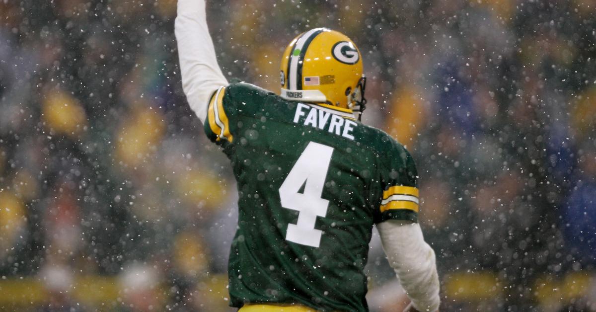 Brett Favre celebrates during his playing career with the Green Bay Packers.