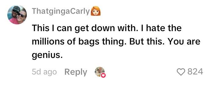 Comment on woman's TikTok revealing a grocery shopping hack using tubs.