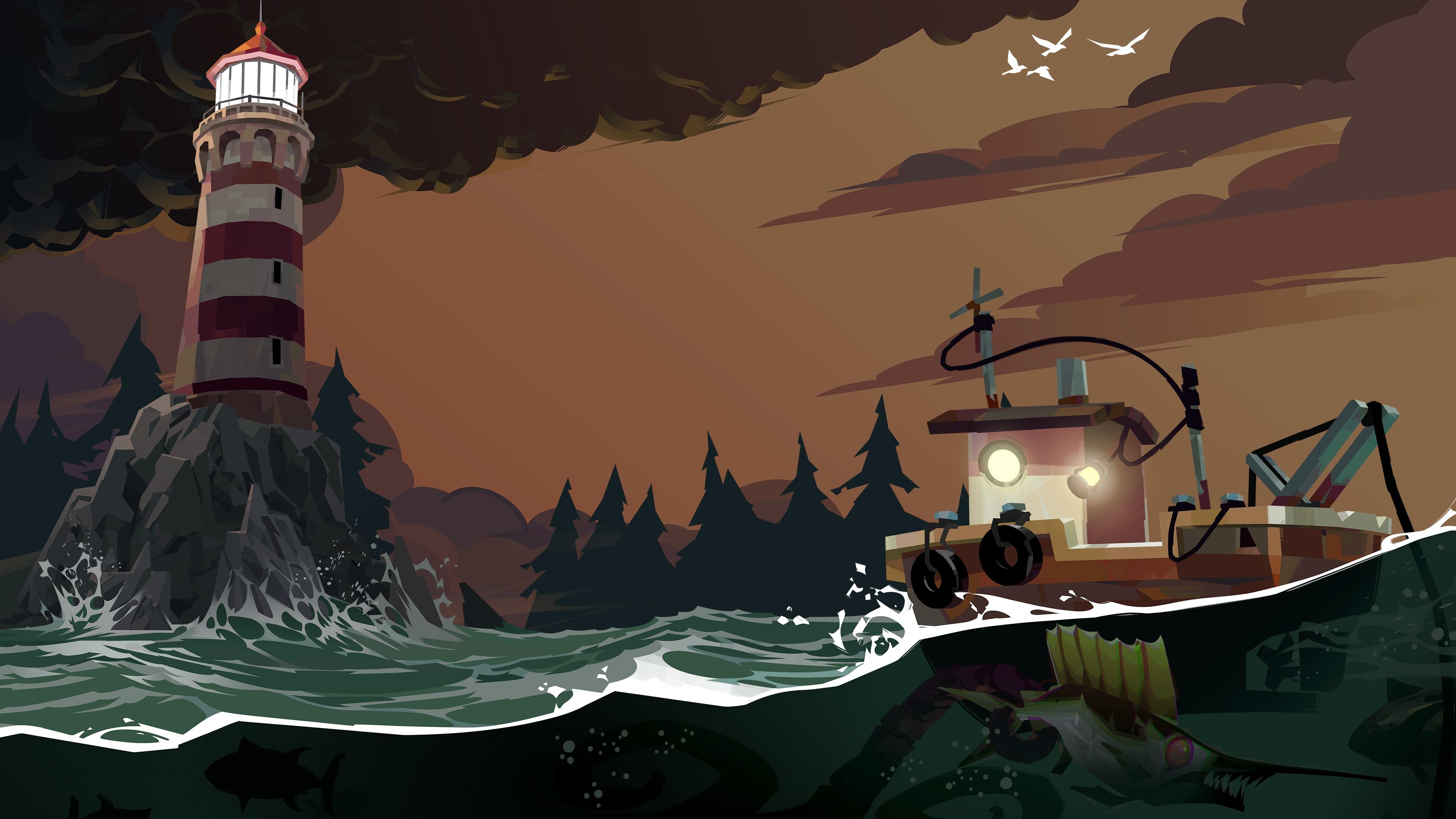 'Dredge' promo art showing a boat sailing nearby a lighthouse.