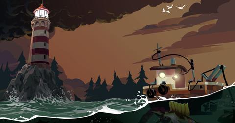 'Dredge' promo art showing a boat sailing nearby a lighthouse.