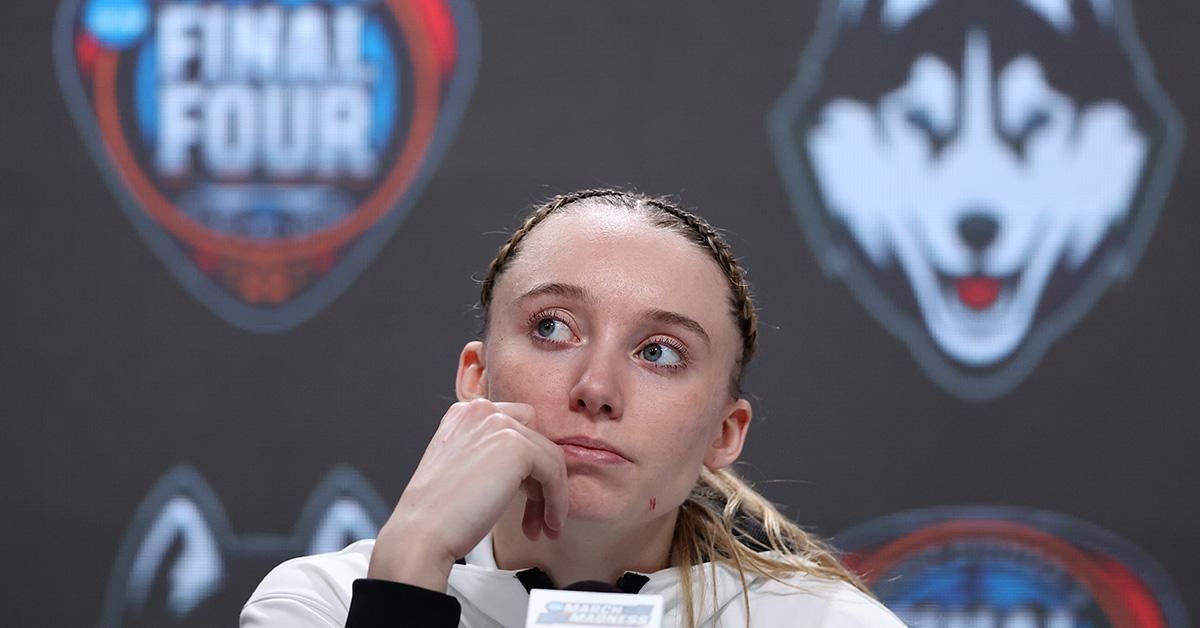 Paige Bueckers during a press conference following UConn's loss to Iowa. 