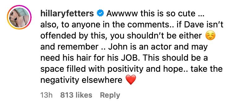 Instagram user's comment on John Stamos wearing a bald cap to support Dave Coulier.