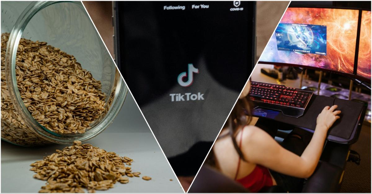 Side by side collage of TikTok, jar of oats, and a gaming streamer