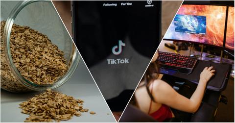 Side by side collage of TikTok, jar of oats, and a gaming streamer