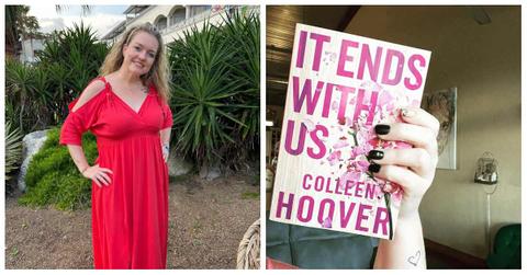 Colleen Hoover in dress and holding book