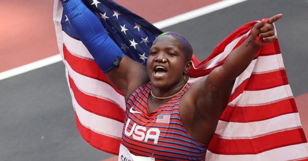 Raven Saunders with an American flag at the Olympics