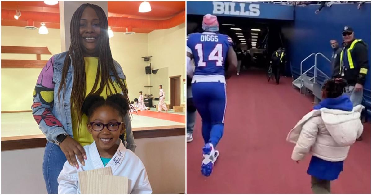 Collage with photo of Stefon Diggs with his daughter and his daughter with her grandmother