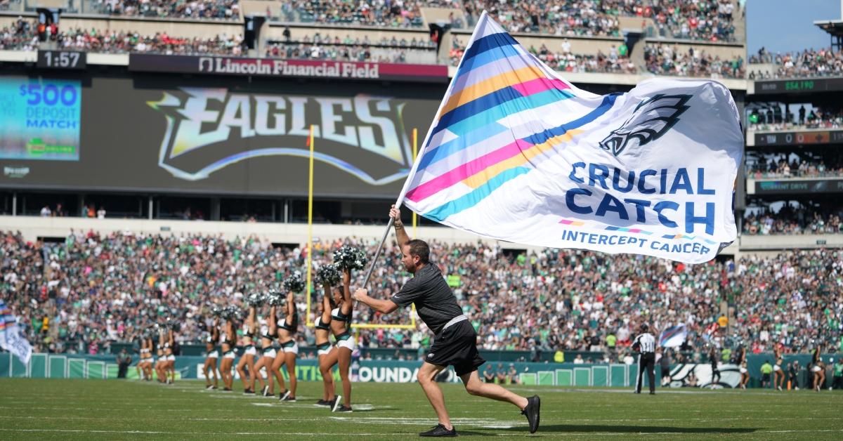 Crucial Catch flag being waved during the Eagles-Chiefs game in October 2021.