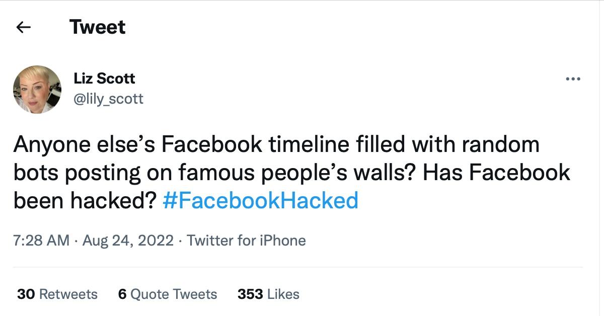 A tweet about the latest Facebook glitch 