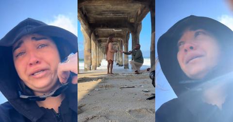 Crying Woman Records Proposal At Beach