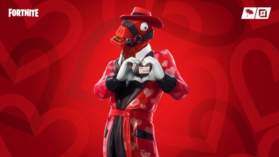 Fortnite valentine's skin that has a llama with a heart robe that says "Mr. Love"