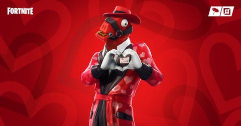 Fortnite valentine's skin that has a llama with a heart robe that says "Mr. Love"