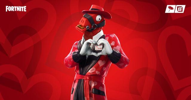 Fortnite valentine's skin that has a llama with a heart robe that says "Mr. Love"