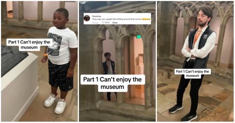(l-r): A Black kid and a white employee at a museum