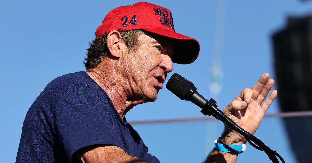 Dennis Quaid speaks at a campaign rally for former President Donald Trump in Coachella, California.