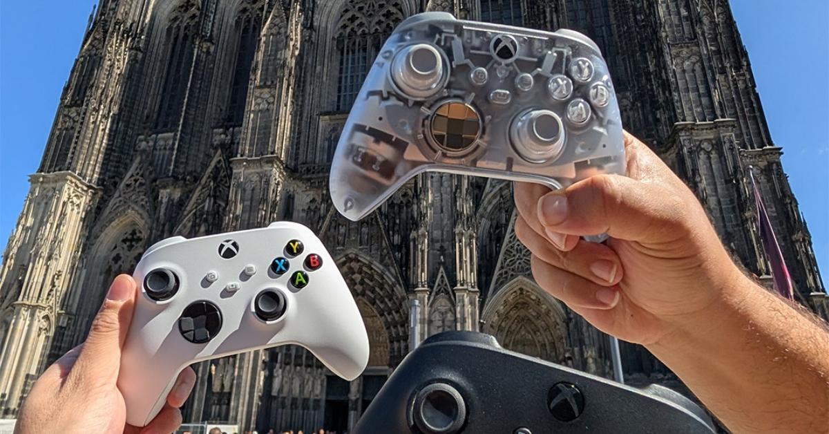 Xbox controllers at Gamescom in Germany in 2025.