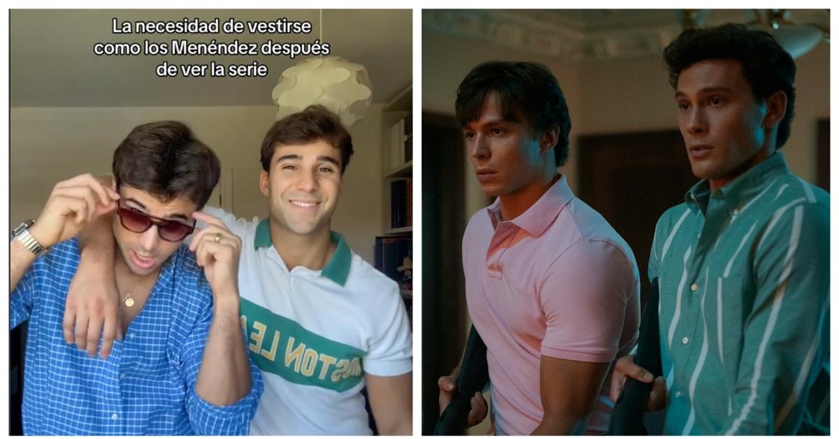 (L-R): Two TikTokers dressed as Erik and Lyle Menendez; Nicholas Chavez as Lyle Menendez (L) and Cooper Koch as Erik Menendez (L) 