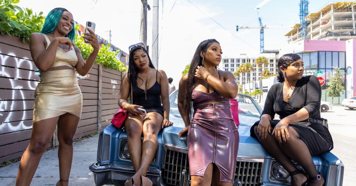 Dominque Perry, KaMillion, Brittney Jefferson, Aida Osman filming a scene from 'Rap Sh!t' Season 1.