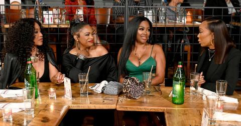 (l-r): Monyetta Shaw, Kandi Burruss, Kenya Moore, and Sanya Richards-Ross filming 'RHOA' Season 15