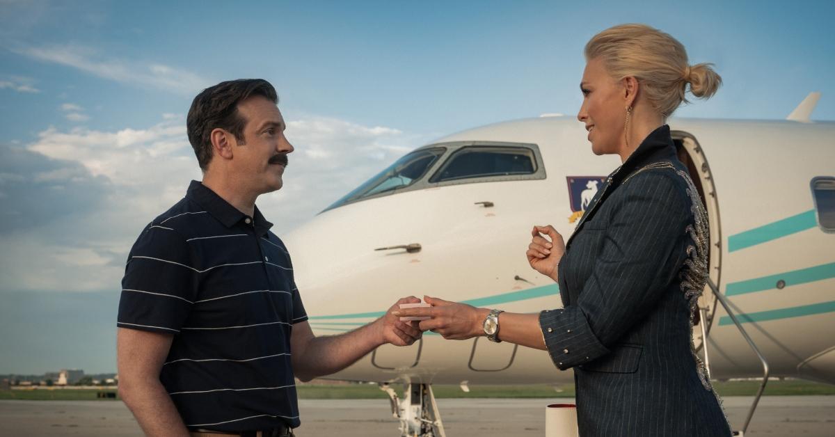 (l-r): Jason Sudeikis as Ted Lasso and Hannah Waddingham as Rebecca in 'Ted Lasso'