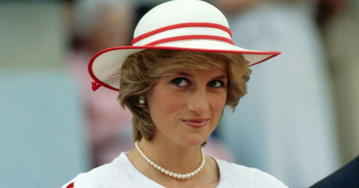 Princess Diana wears an outfit in the colors of Canada during a state visit to Edmonton, Alberta