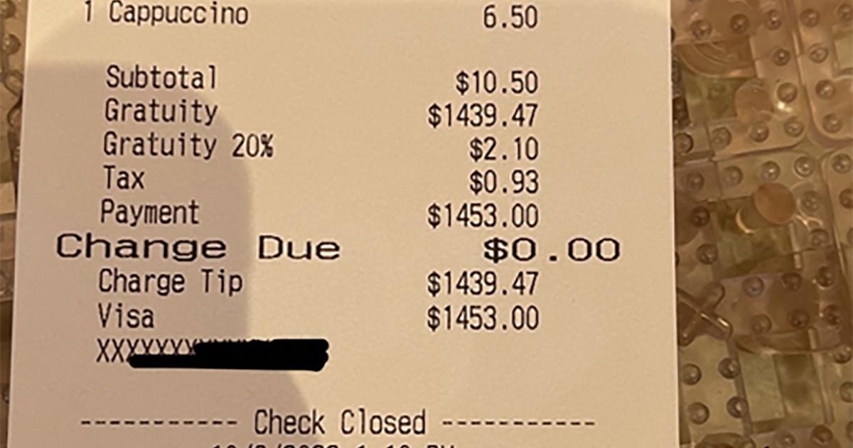 A barista shows the receipt from accidentally charging over $1,000 for a coffee order