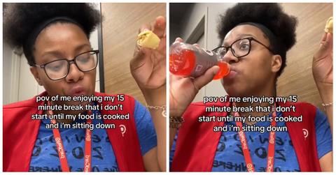 TikTok user @khristianb2 said her 15-minute work break doesn't start until her food is cooked and she sits down