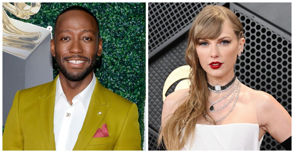 Lamorne Morris and Taylor Swift posing on red carpet events.