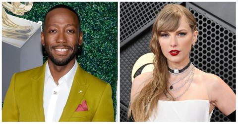 Lamorne Morris and Taylor Swift posing on red carpet events.