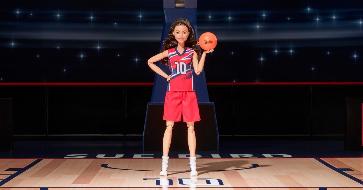 The Barbie Sue Bird Role Model doll on a basketball court.