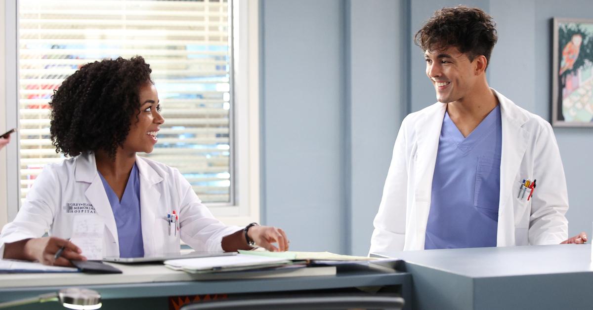 Simone and Lucas smiling at each other on 'Grey's Anatomy'