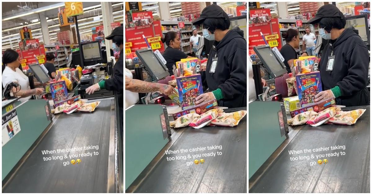 (l-r): A woman and a cashier checking out her groceries