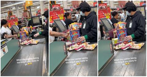 (l-r): A woman and a cashier checking out her groceries