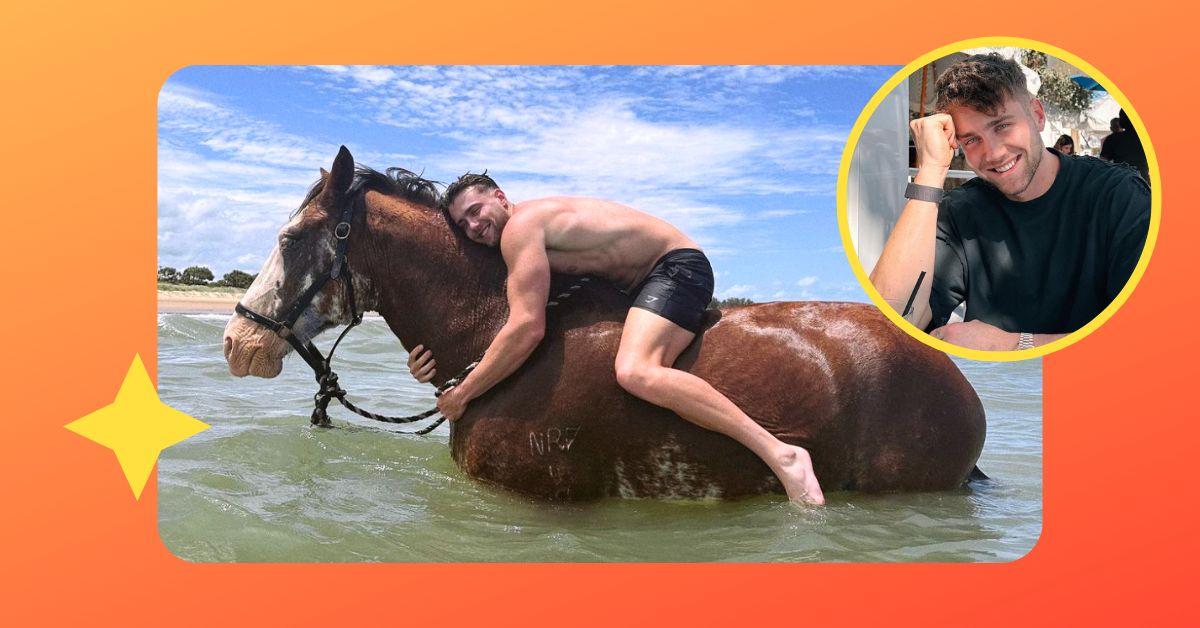 harry jowsey riding a horse in water; harry posing for photo