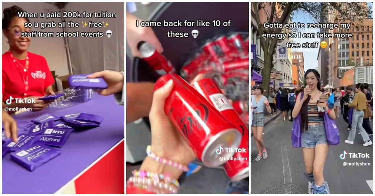 A college student takes tons of free items from college events to recoup her tuition.