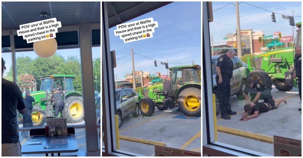 tiktok video by @heyitsendia shows tractor chase in waffle house parking lot