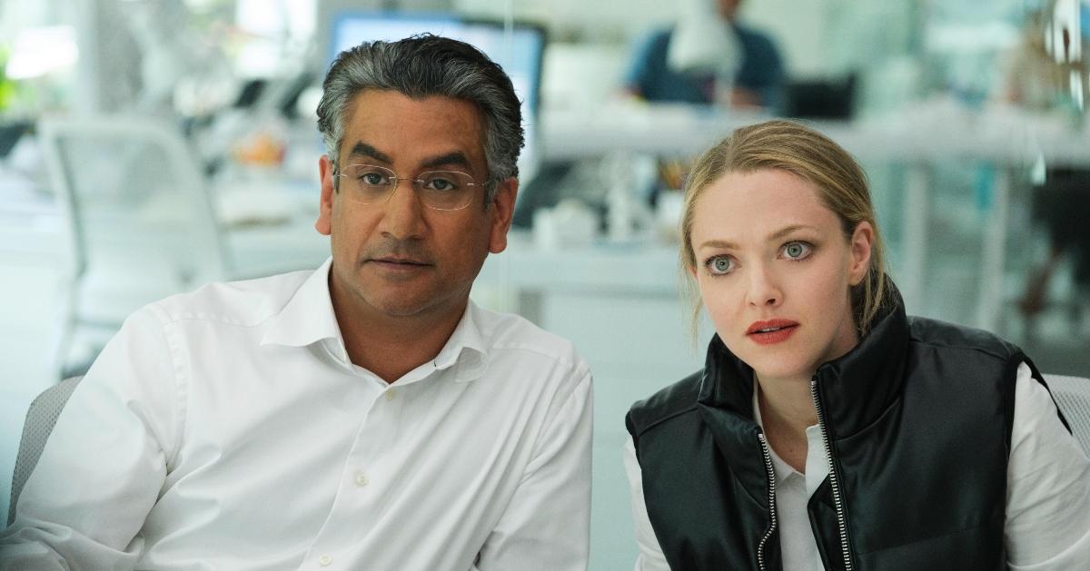 Naveen Andrews as Sunny Balwani and Amanda Seyfried as Elizabeth Holmes in Hulu's 'The Dropout'