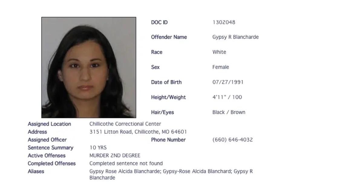 Gypsy Rose Blanchard's inmate profile.