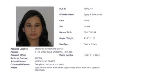 Gypsy Rose Blanchard's inmate profile.