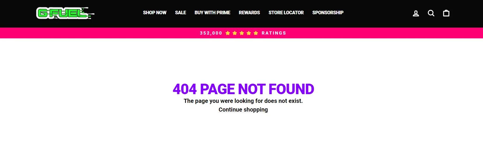 An error message on the G-Fuel website reading "404 PAGE NOT FOUND The page you were looking for does not exist."