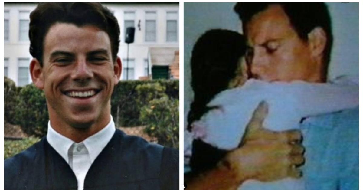 (L-R): Erik Menendez before prison; Erik Menendez hugs Talia Menendez