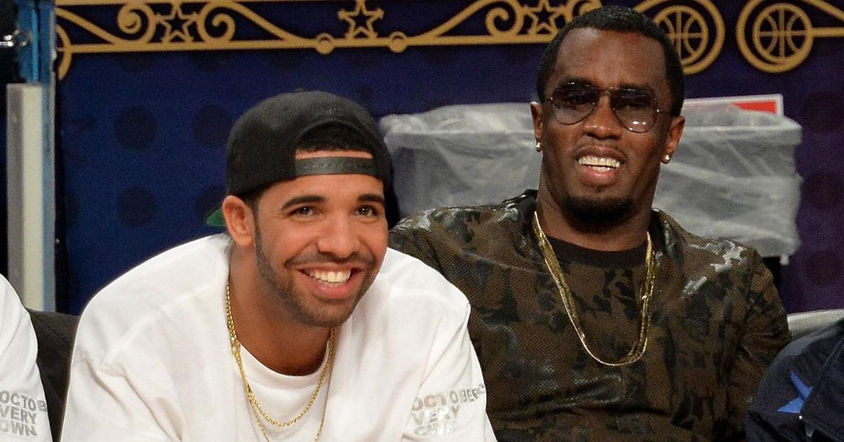 Drake and Diddy sitting courtside at the 2014 NBA All-Star Weekend.