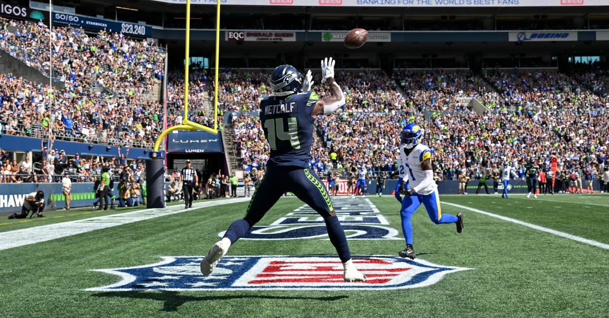 DK Metcalf of the Seattle Seahawks scores a touchdown in the Seahawks-Rams game on Sept. 10, 2023