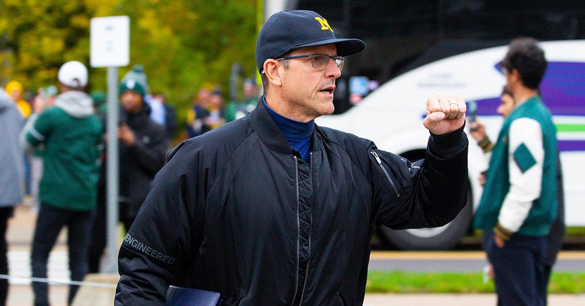 Jim Harbaugh coaching the Michigan football team in 2021. 