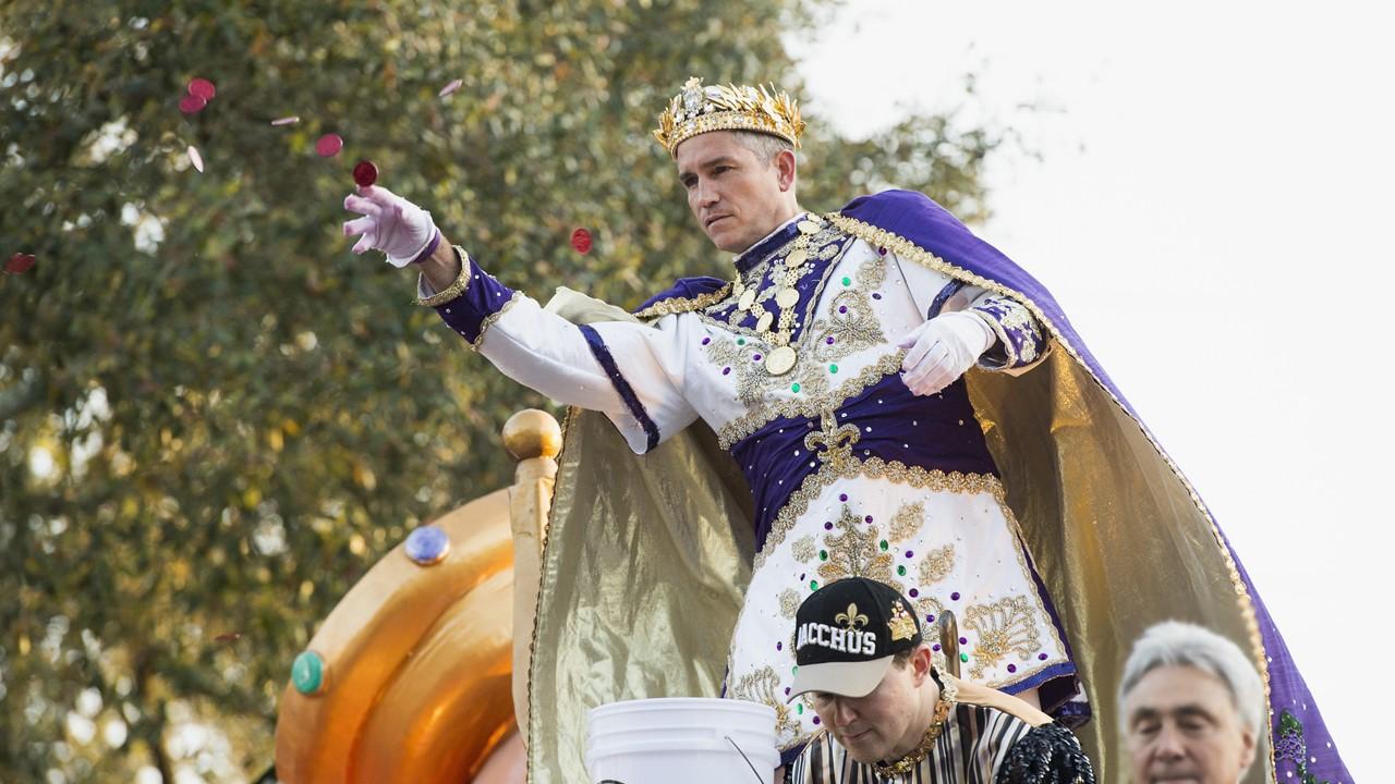 Jim Caviezel reigns as King of Bacchus XLIXI in the 2017 Krewe Of Bacchus parade on Feb. 26, 2017