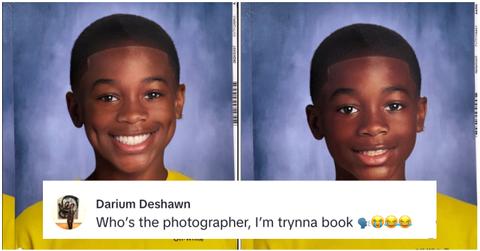 Clips from a viral video about a child who had veneers added to their school picture day photo.