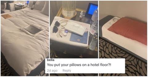 (l-r): A hotel guest's belongings on a towel