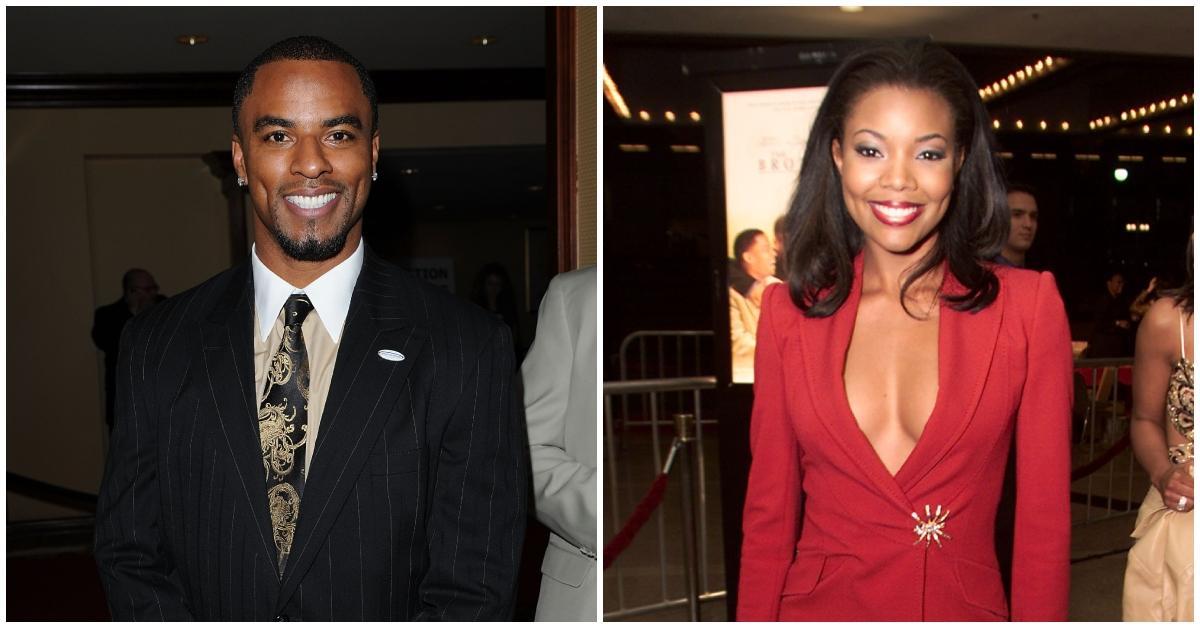 (l-r): Darren Sharper in a black and tan suit smiling and Gabrielle Union in an all-red outfit at 'The Brothers' premiere.